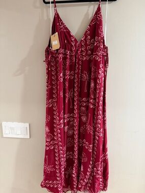 Red Printed V-Neck Maxi Dress with Thin Straps